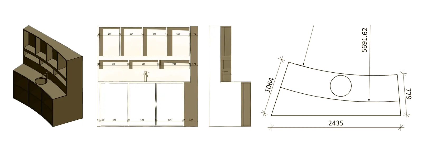 Curved vanity furniture with elevations, section and plan