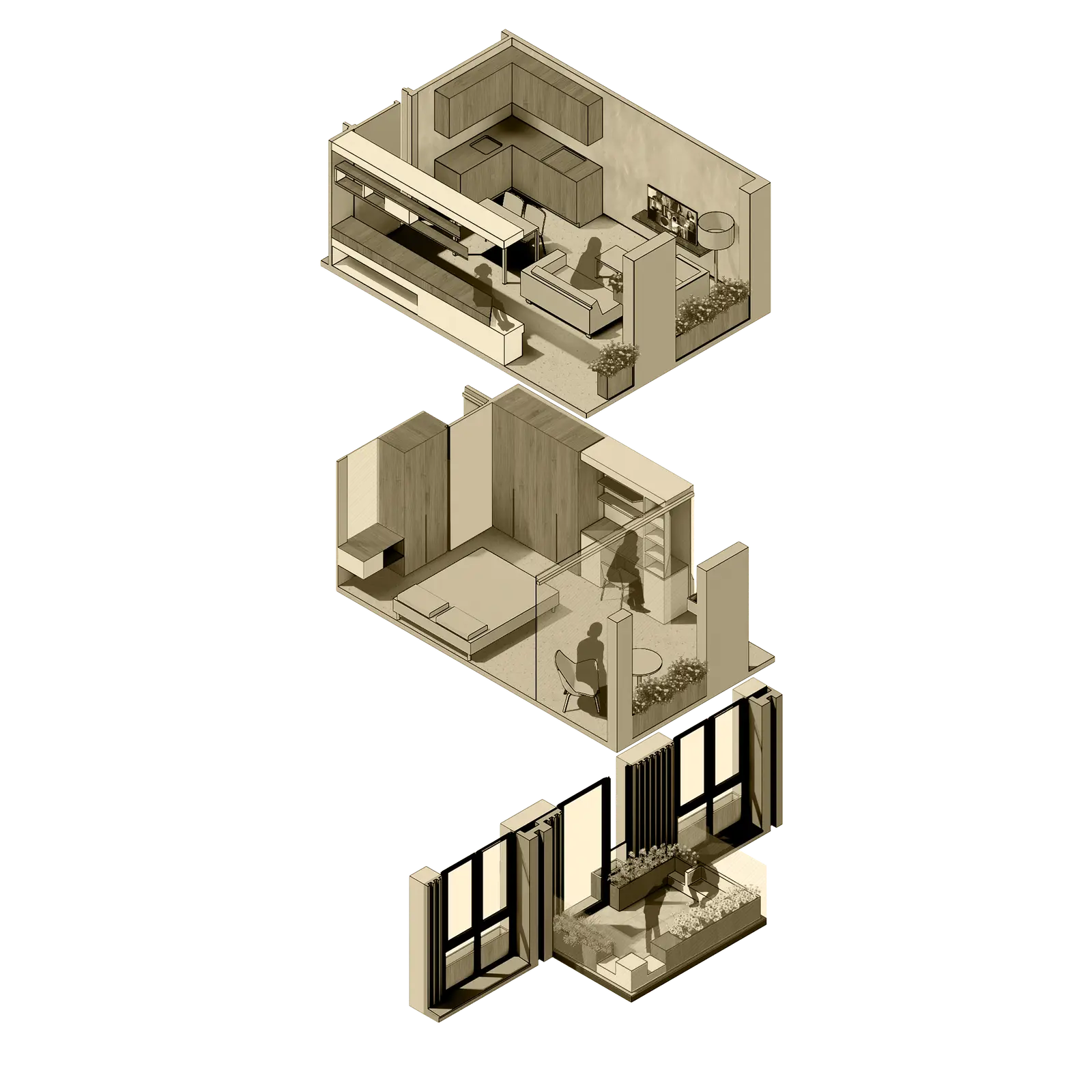 Exploded interior housing studies for living, sleeping and terrace spaces