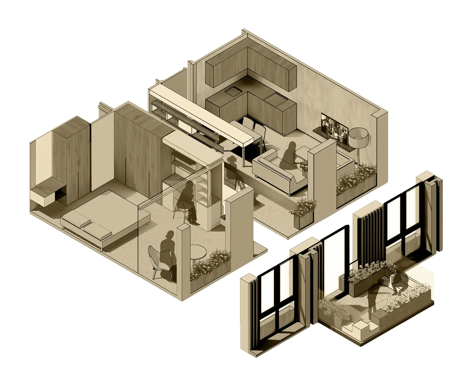 Axonometric interior plan with balcony and workspace