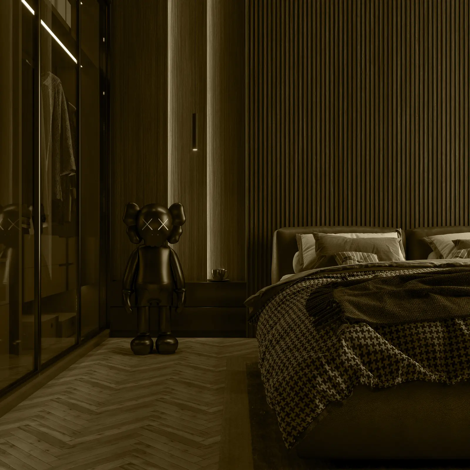Dark luxury bedroom with slatted timber wall