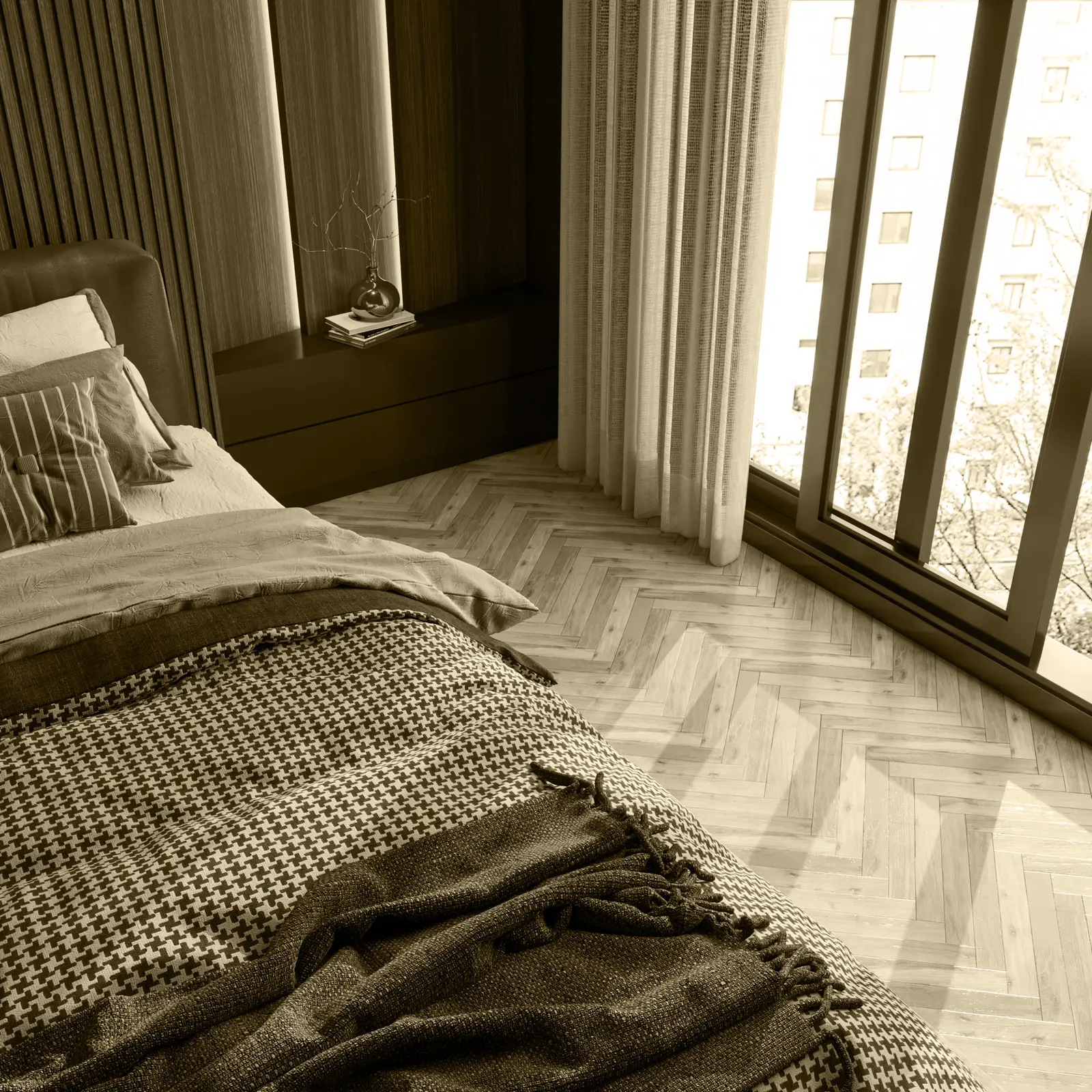 Bedroom detail with herringbone flooring and window light