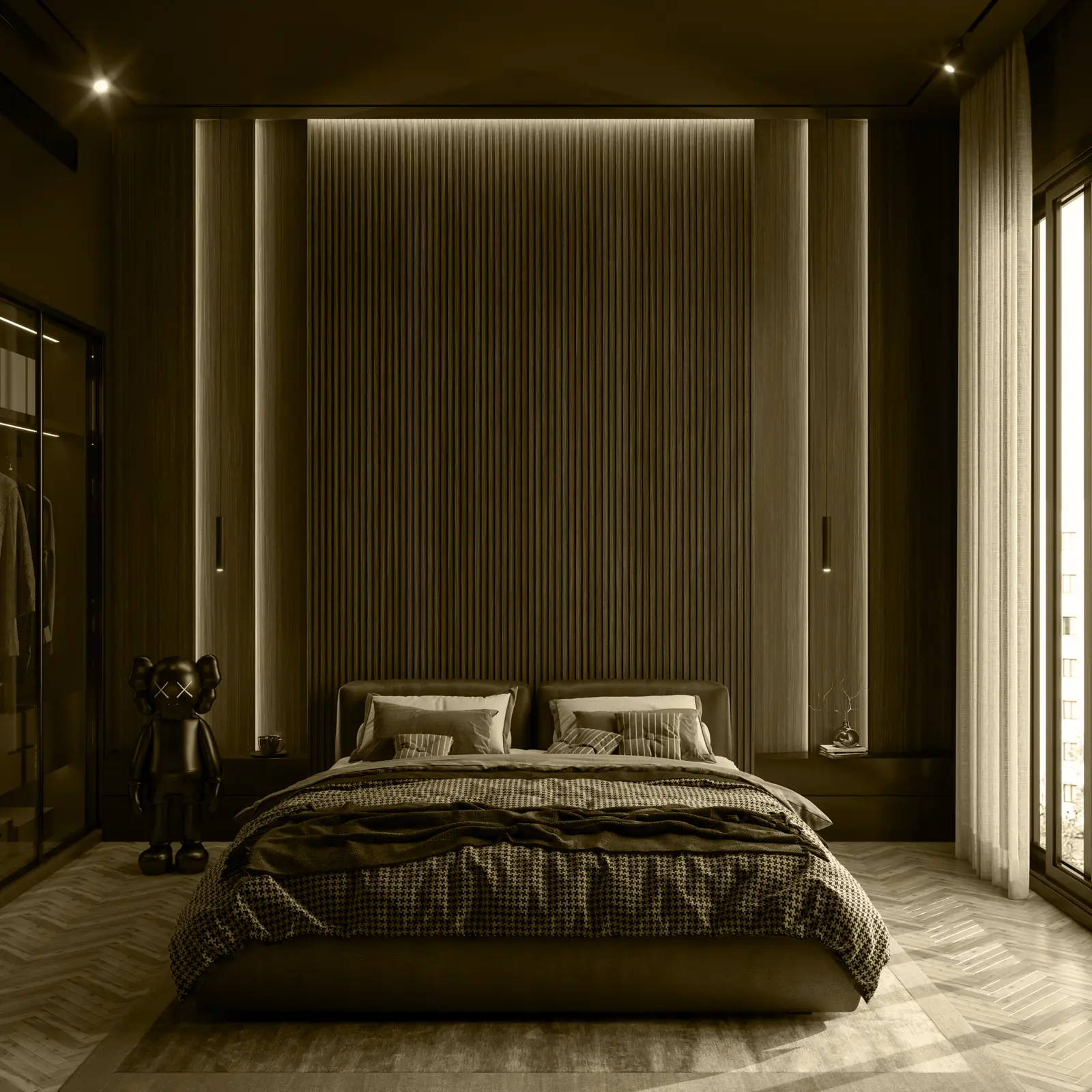 Bedroom with a fluted timber wall behind the bed
