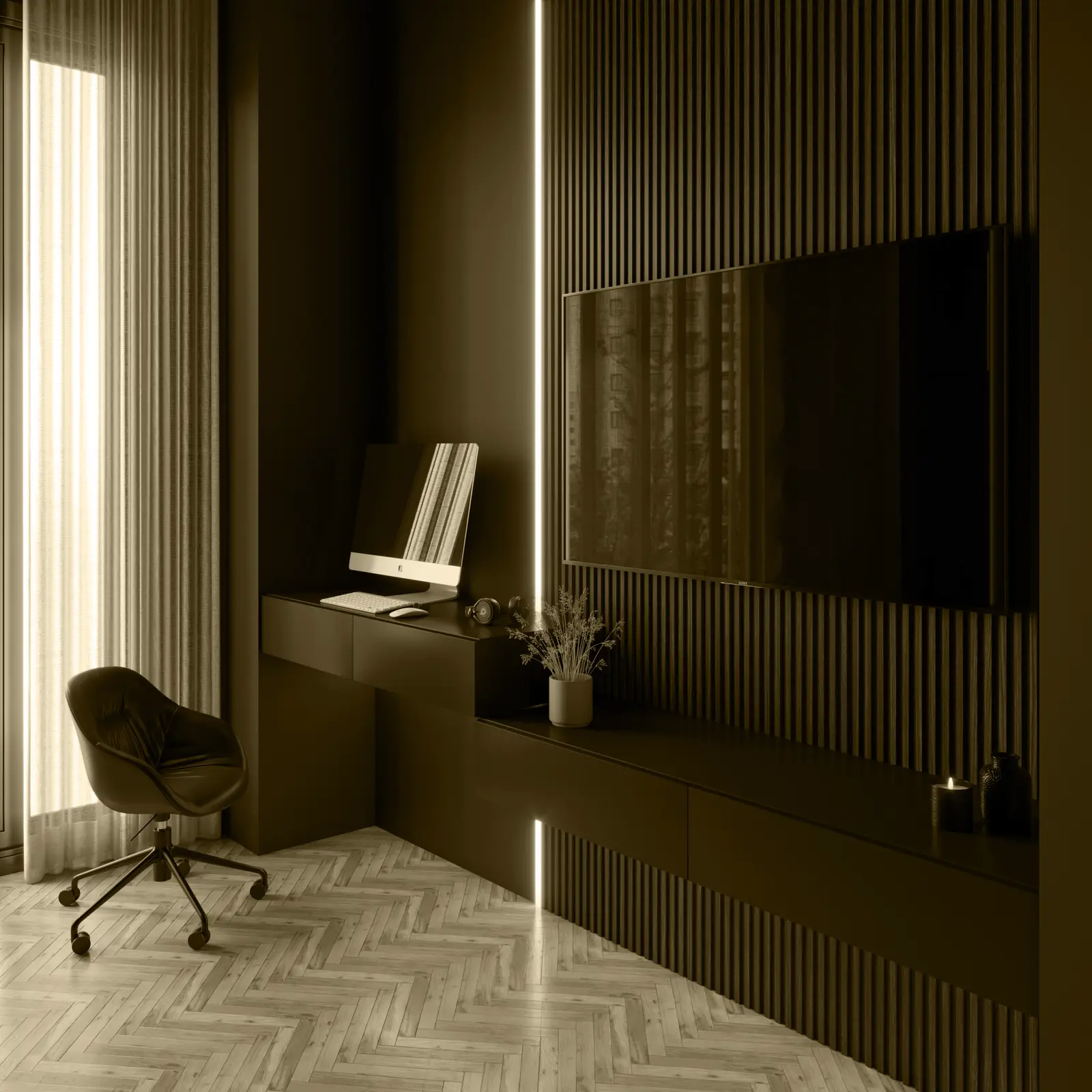 Bedroom workspace with a floating desk and slatted wall