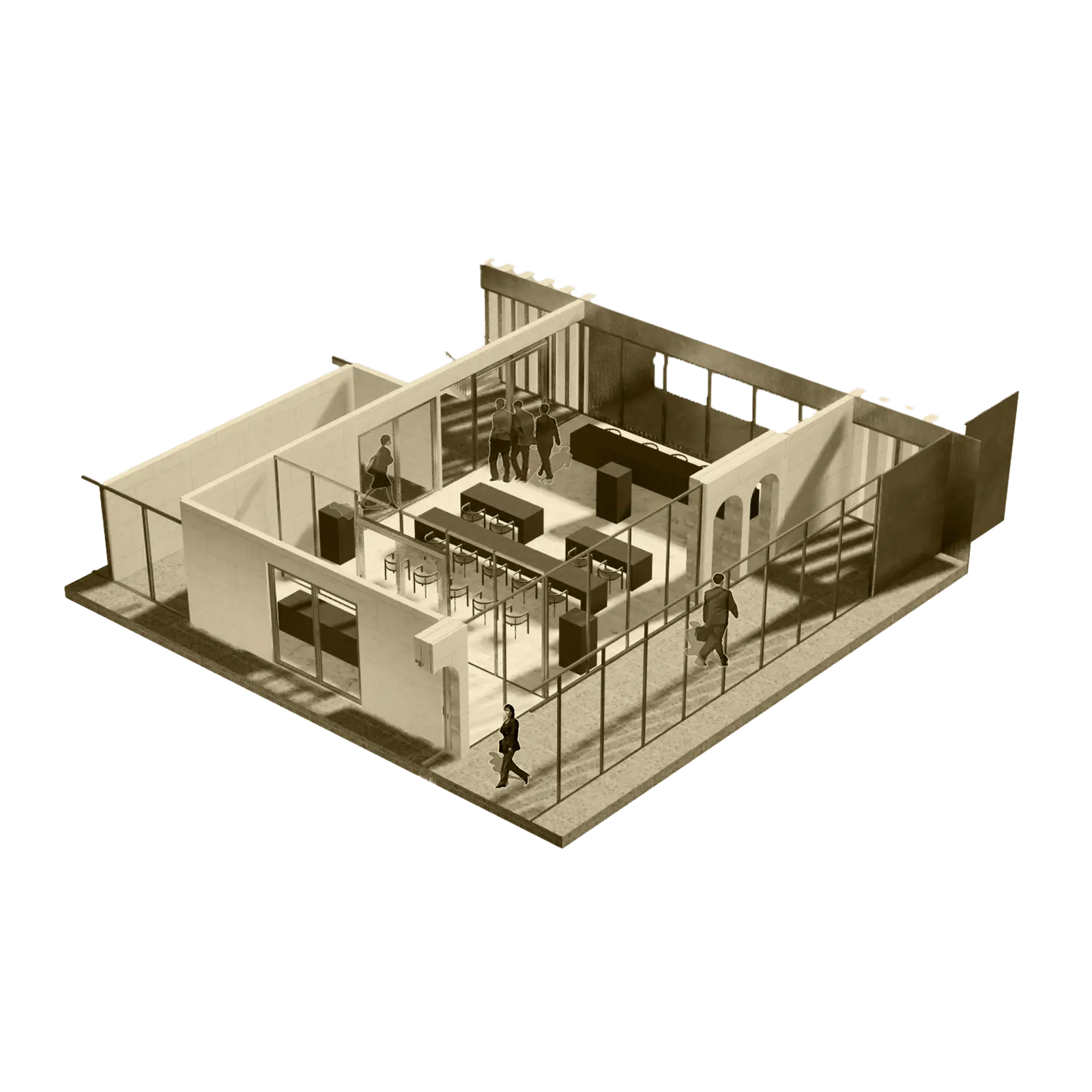 Courthouse courtroom interior axonometric