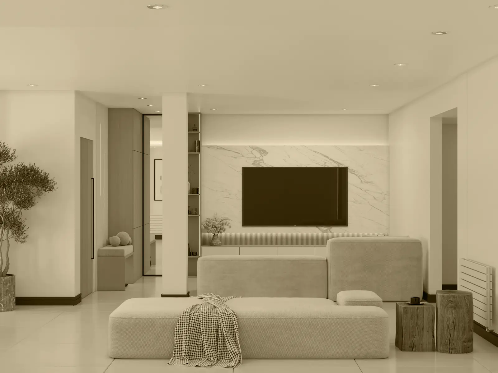 Living room with a marble TV wall and lounge seating